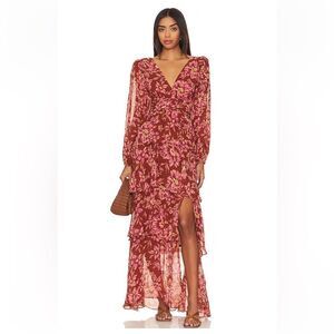 ASTR The Label Anora Dress Rust Floral print chiffon peasant maxi Revolve S